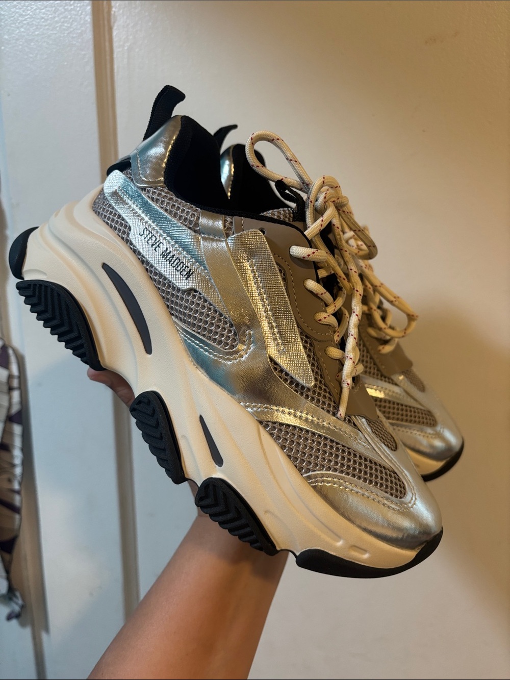 Steve Madden Silver Metallic Chunky Lace-Up Sneakers